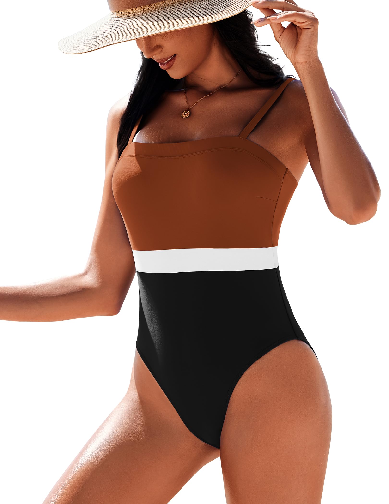 Photo 1 of AI'MAGE Women's One Piece Swimsuit Color Block Bathing Suit Square Neck Swim Suits Vintage Retro Swimwear, Burnt Orange Black, Large