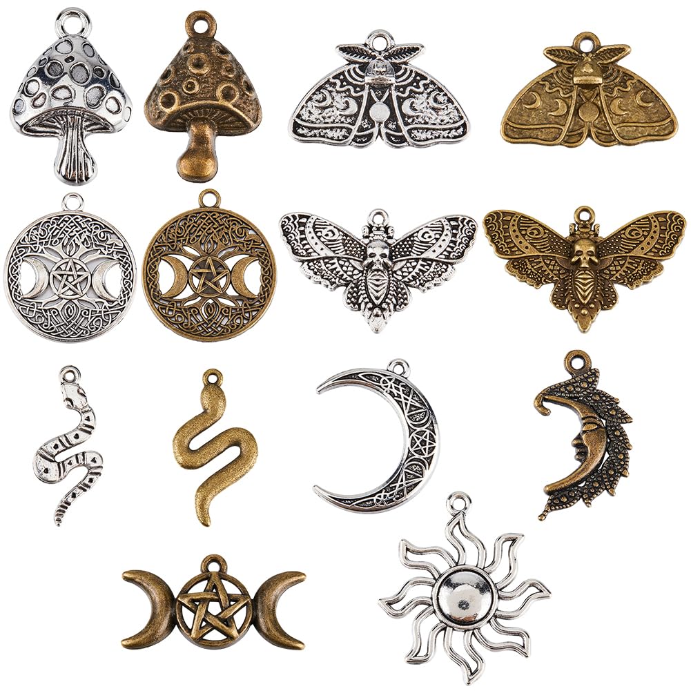 SUNNYCLUE 56PCS 14 STYLES Alloy Tarot Charms Bulk Gothic Charms Tibetan Antique Silver Bronze Divination Magic Moth Butterfly Goth for jewellery Making Diy Earrings Bracelet Necklace