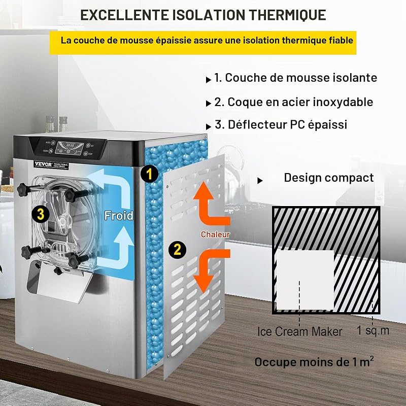 Machine à Glace Pilée Électrique Capacité 20 L/h Sorbetière en Acier Inoxydable 304 Turbine à Glace Machine à Crème Glacée PVC de Qualité Alimentaire Écran LCD pour Restaurant Café YKF-618