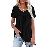 WEESO Womens T Shirts Short Sleeve Pleated Dressy Casual V Neck Summer Tops Blouses