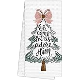 EGBTL Christian Christmas Tree Kitchen Towels, Religious Christmas Hand Towels for Bathroom Decor, Preppy Pink Bow Winter Xmas Tree Dishcloths Dish Towel for Kitchen 16x24 Inches