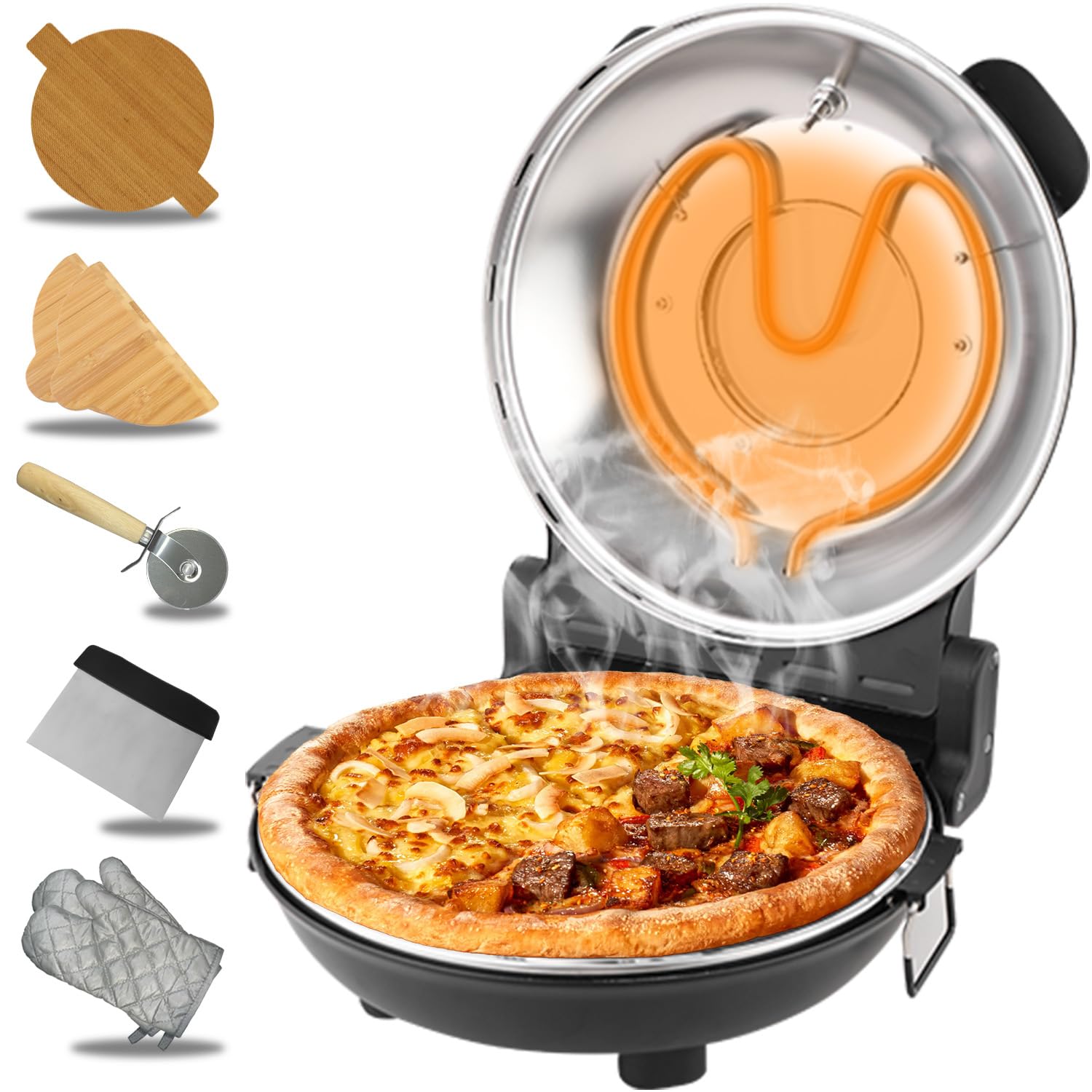Photo 1 of ECUMFFY Pizza Oven Indoor, 12 Inch Retro Pizza Maker, Rapid Heating 800?F, 1200W Glazed Ceramic Stone Electric Pizza Cooker, Two-button Precise Temperature Control, Viewing Window for Precise Cooking