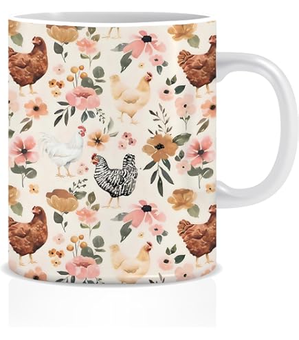 Kunlisa Just A Girl Who Loves Chickens Ceramic Mug-11oz Coffee Milk Tea Mug Cup, Farmhouse Floral Chicken Hen Mug Cup,Chicken Lovers Gifts, Farm Girls Gifts