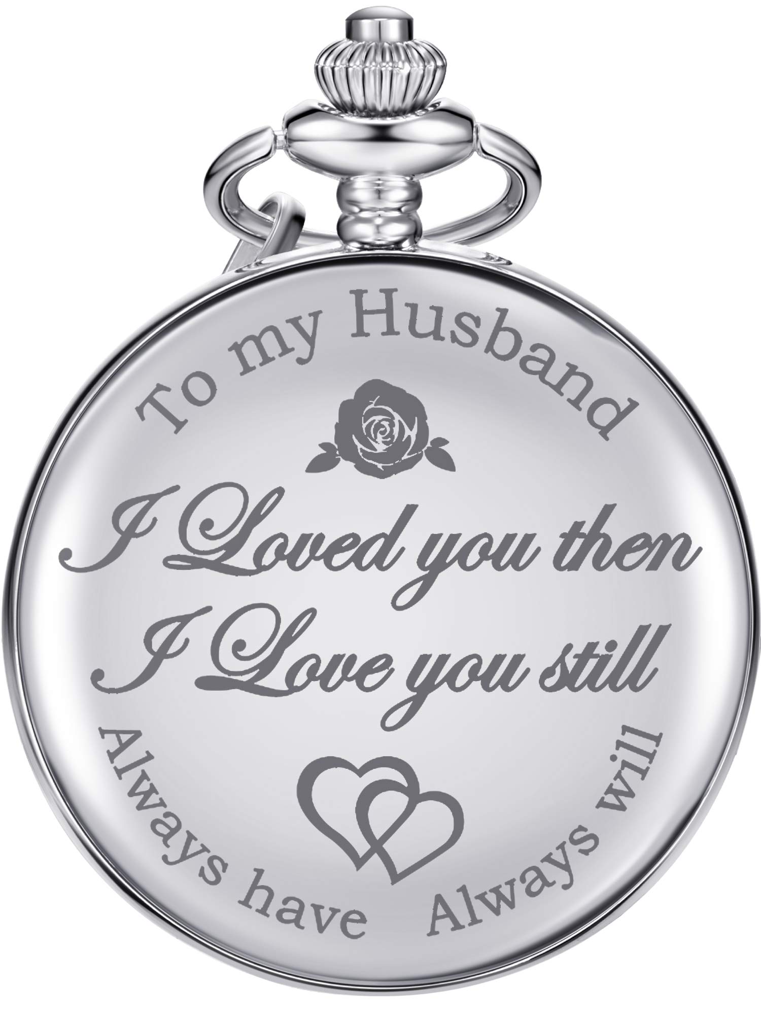 Pangda Men's Quartz Pocket Watch, Engraved 'To my Husband...' (Silver Case, Black Dial)