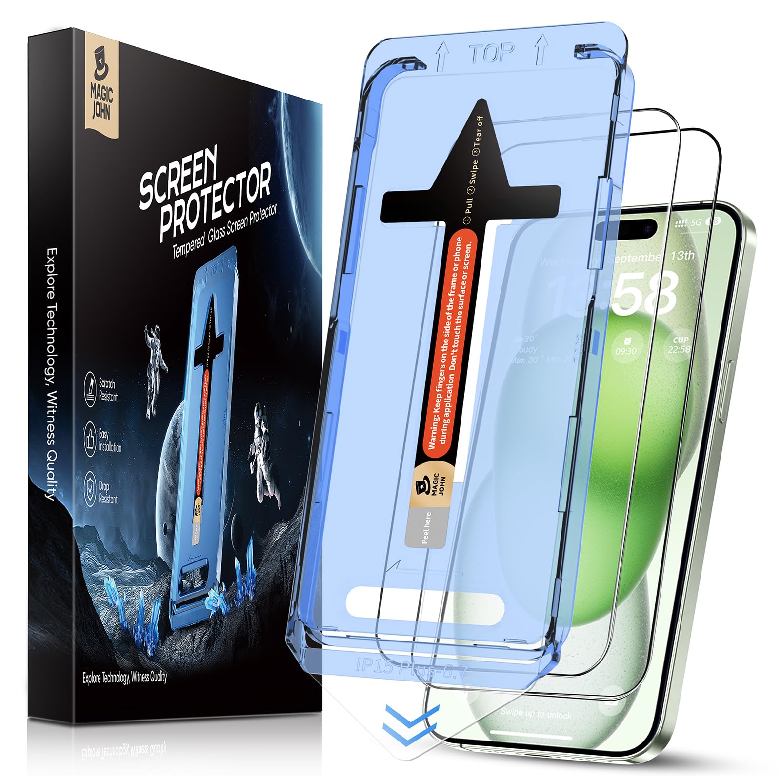 MAGIC JOHN 2 Pack for iPhone 15 Plus 6.7 inch Tempered Glass Screen Protector, Auto Dust-Elimination Installation, Bubble Free, Dynamic Island Compatible, HD Clear, Easy Installation, Anti-Scratch