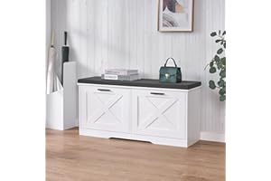 Homleke Shoe Storage Bench with 2 Flip Drawers, Entryway Bench with Padded Seat Cushion, Shoe Cabinet with 2 Barn Doors, 11.8" D x 39.4" W x 18.4" H, for Entryway, Living Room, Bedroom, White