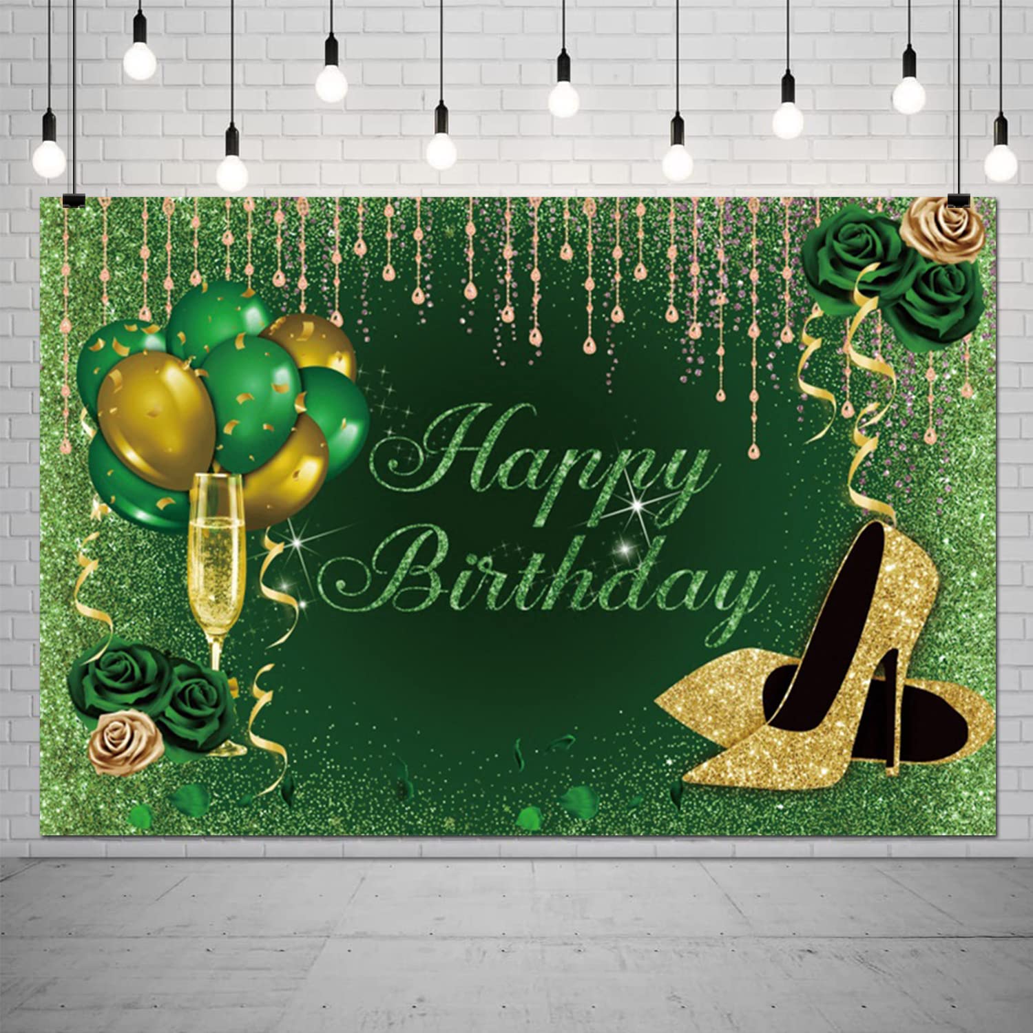 Photo 1 of 8x6ft Green Happy Birthday Backdrop Golden High Heels Champagne Glasses Glitter Sequin Photography Background Green Rose Shiny Balloons Adults Women Birthday Party Decorations Photo Booth Props