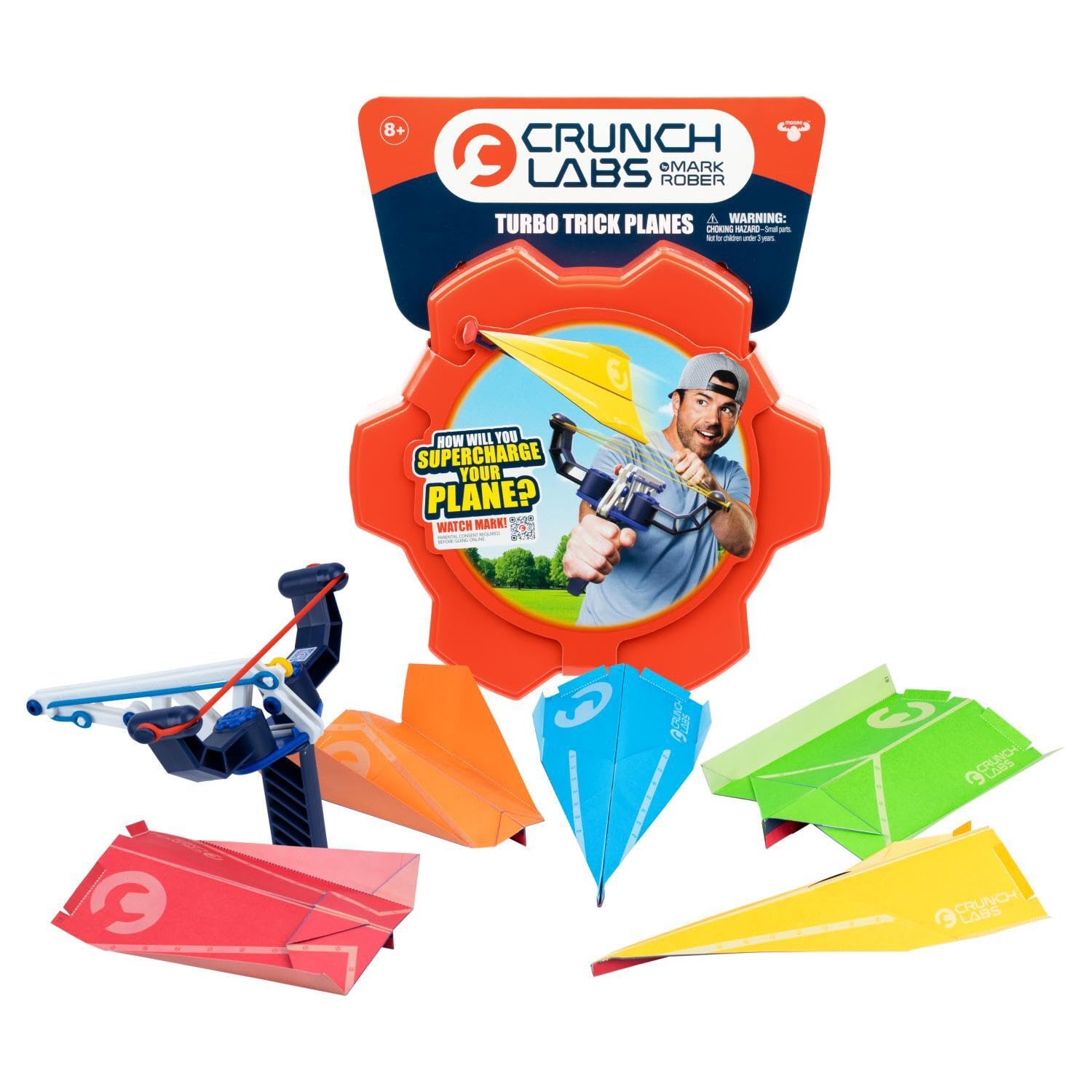 CrunchLabs by Mark Rober, Turbo Trick Paper Airplane, Fold, Launch, Fly | Launcher kit with 5 flight designs, 3 power bands,