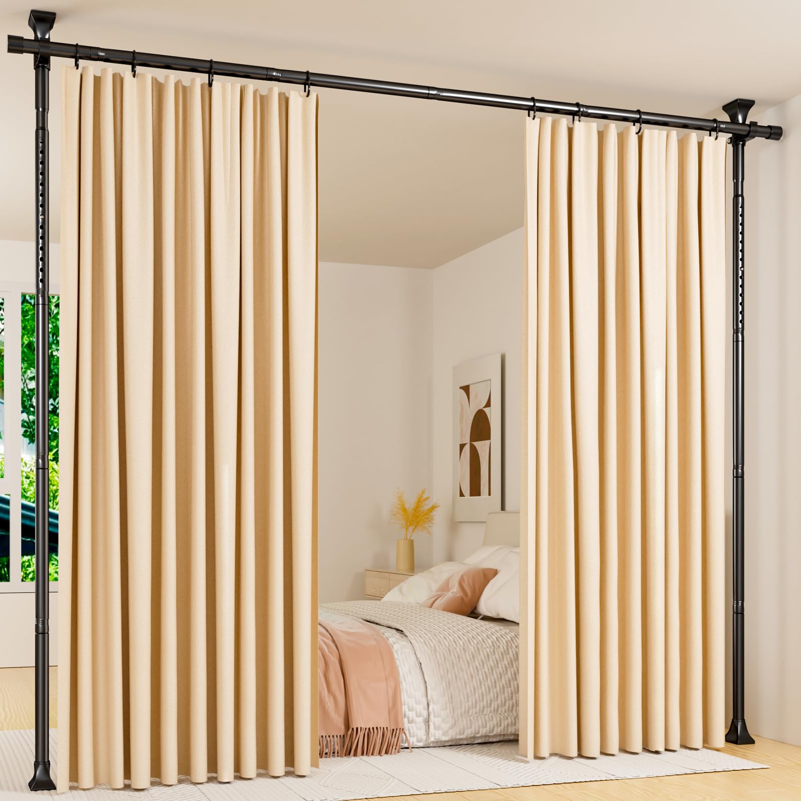 Photo 1 of Abiglifty Room Divider Curtain Rods No Drilling, Adjustable 4-10Ft(H) Wall Divider for Room Separation, Temporary Privacy Tension Curtain Rods, Freestanding Space Room Separator, Black