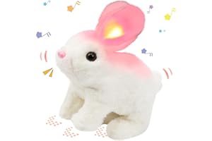 Hopearl Hopping Rabbit with LED Ears Interactive Electronic Pet Plush Bunny Toy with Sounds and Movements Animated Walking Wiggle Light up Ears Twitch Nose Gift for Toddlers Birthday, White, 7''