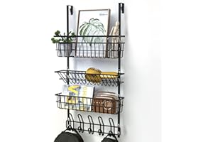 ANSTEEP Over The Door Organizer with Hooks, Door Towel Holder with 3 Baskets and 5 Hooks Hanging Storage Shelves Spice Racks for Bedroom, Kitchen,Bathroom