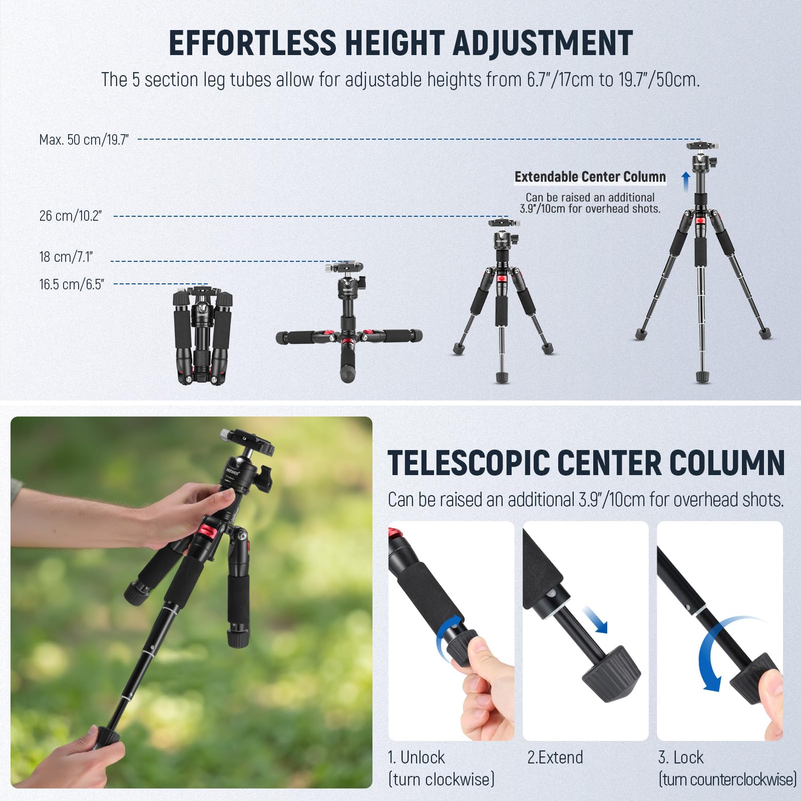 NEEWER Portable Desktop Mini Tripod Aluminum Alloy 20''/ 50cm Desk Tripod with 360 Degree Ball Head, 1/4 inch Quick Shoe Plate for DSLR Camera Video Camcorder, Load up to 11 pounds/5 kilograms
