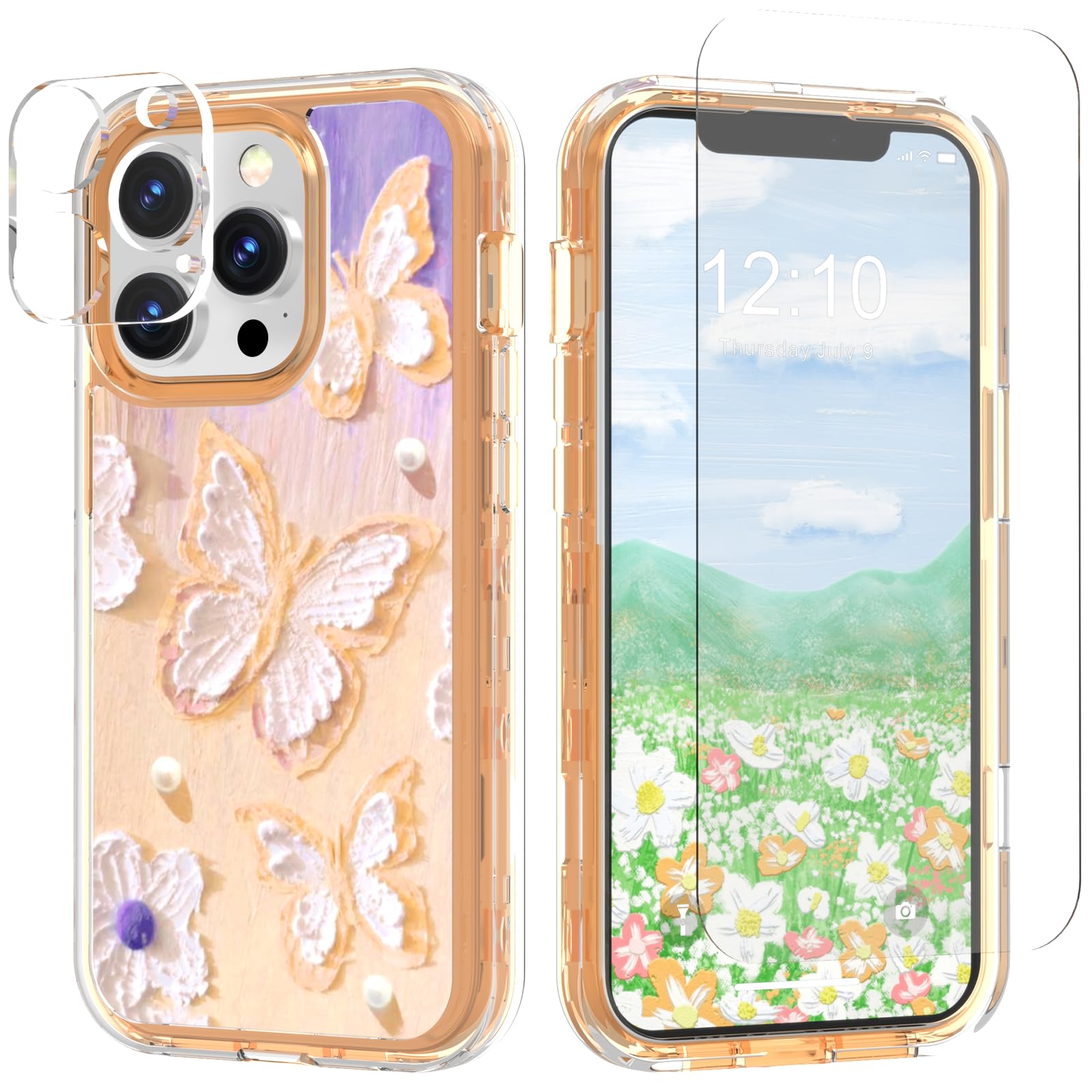 Photo 1 of ACKETBOX for iPhone 13 Pro Case,Colorful Flowers for iPhone 13 Pro Phone Case Cute,with Screen Protector & Camera Lens Protector?Orange Butterfly?