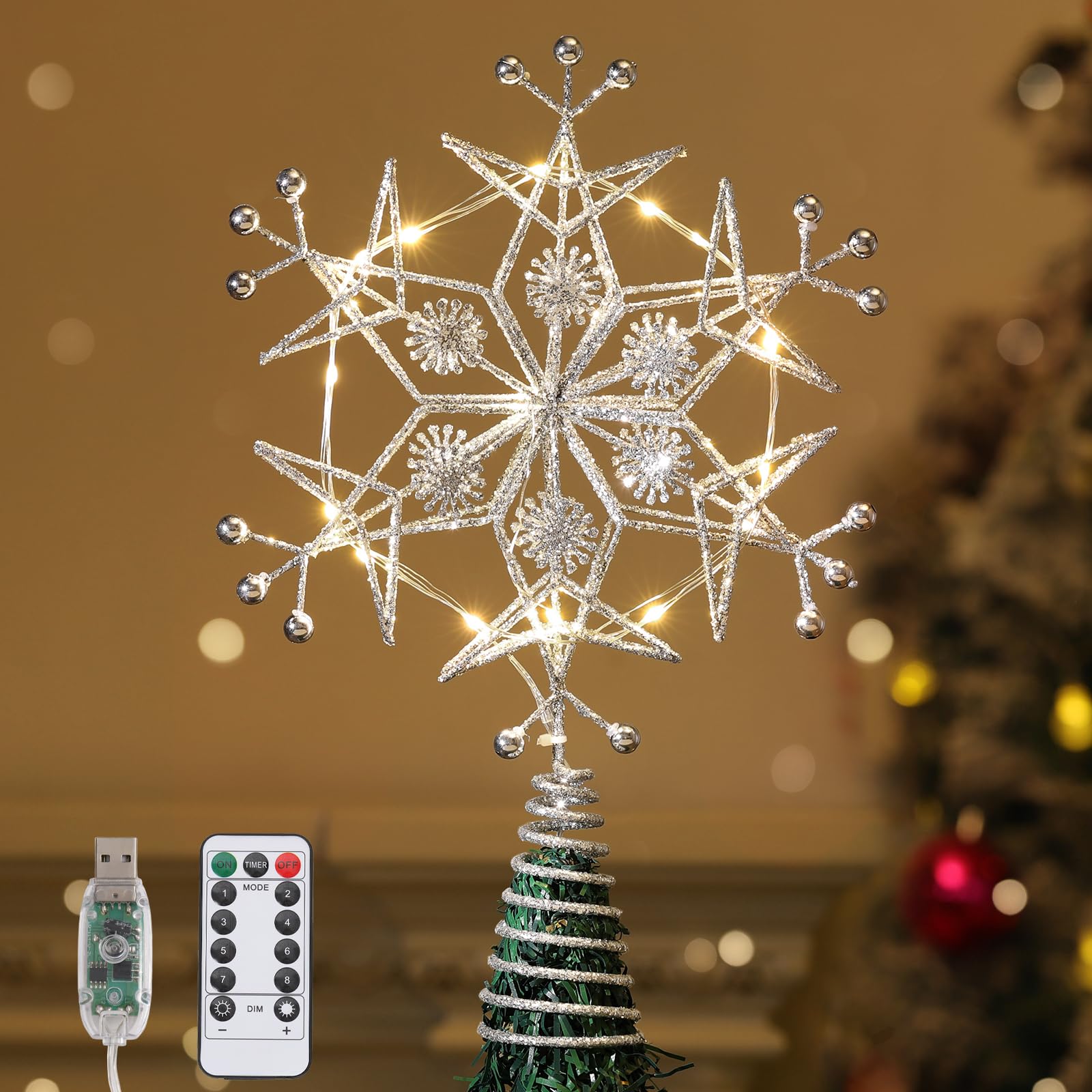Lewondr Christmas Tree Topper, Metal Frame Snowflake Christmas Tree Topper with 15 Light Beads, USB Powered & Remote Control Tree Topper Snowflake with 6H Timer, Xmas Tree Decor for Holiday Home Decor