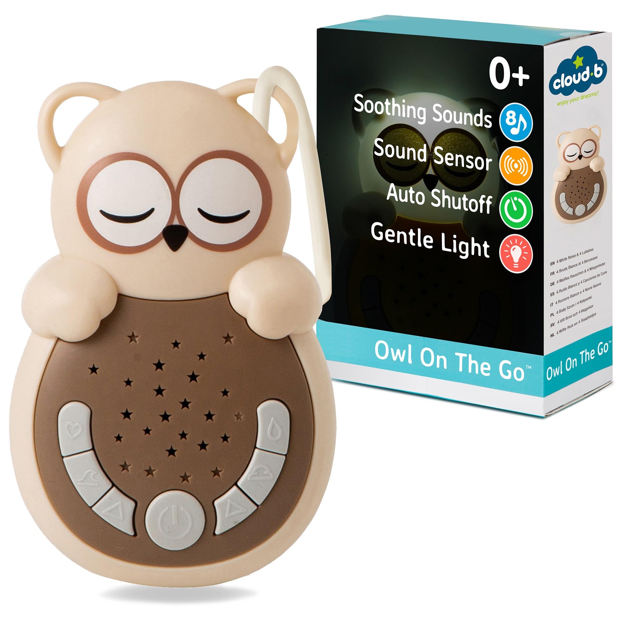 Cloud b Sweet Dreamz On The Go | Travel Sound Machine with Calming Light | 4 White Noises & Relaxing Lullabies | Smart Sensor Reactivating & Soft Glow | Baby Sleep Aid | Owl