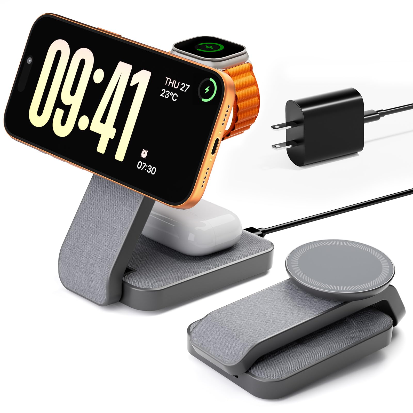 Wireless Charger, 3 in 1 Charging Stand, Magsafe Charger, Apple Watch Charger, Foldable, Magnetic, Charge 3 Devices Simultaneously, Compatible with iPhone 17/16/15/14/13/12 Series, Compatible with