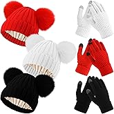 Hicarer 3 Sets Women Winter Warm Set Satin Lined Beanie Hat with Two Pom Poms Touchscreen Gloves for Cold Weather