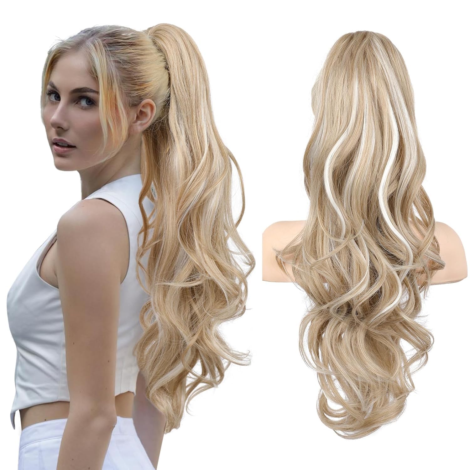 YEESHEDO Long Wavy Ponytail Hair Extension for Women Drawstring Ponytail Hair Extensions Clip in Curly Synthetic Hairpiece Brown with White Blonde 26 Inches — image 1