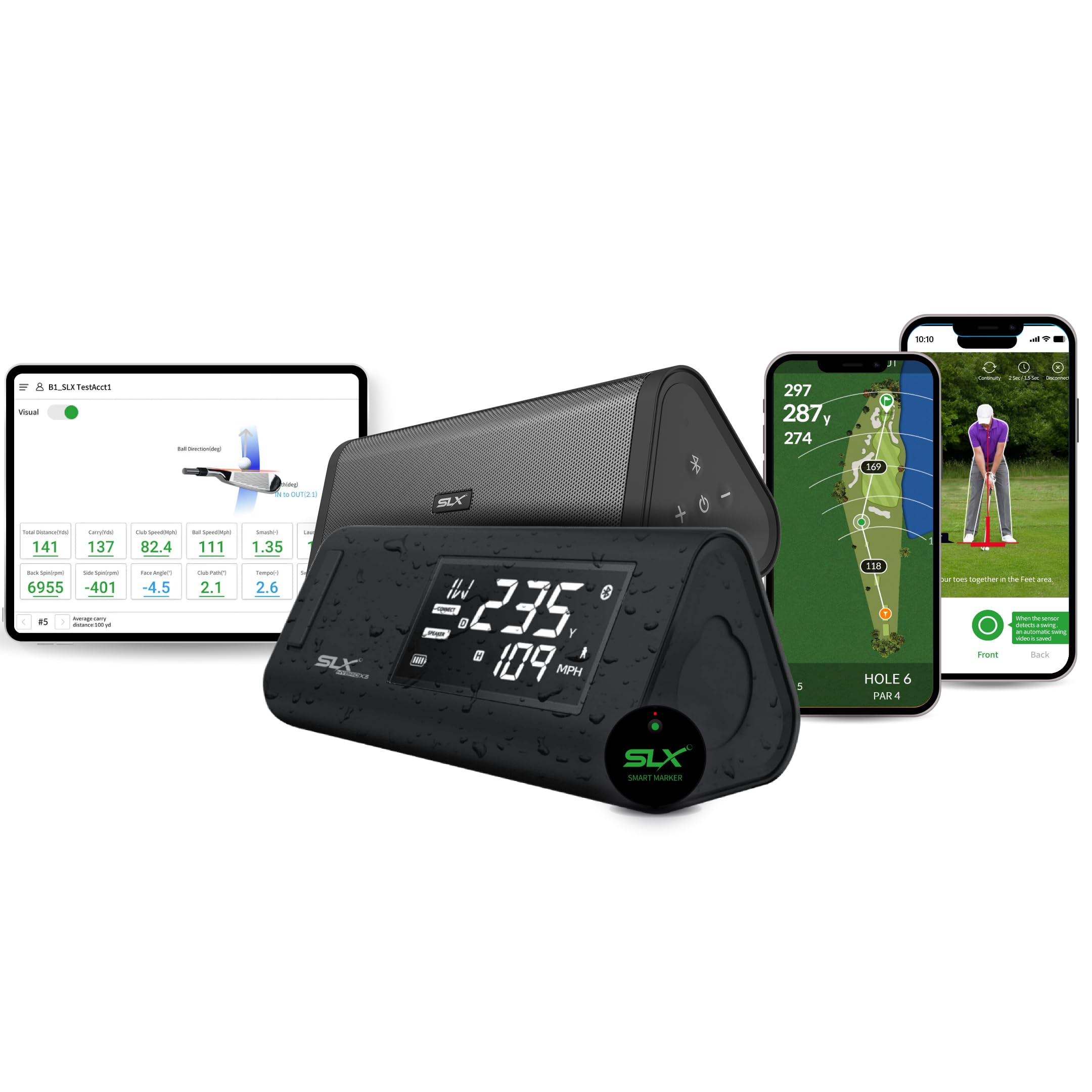 SwingLogic SLX Hybrid Pro Launch Monitor - Combined with HD Magnetic Speaker - Effectively Track Your Ball Speed, Club Speed, Distance and Smash Factor - Portable Golf GPS Device via Bluetooth (Black)