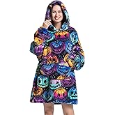 Deserthome Wearable Blanket Hoodie Oversized Hooded Blanket for Adult Women Super Soft Comfortable Warm Flannel Halloween Pumpkin