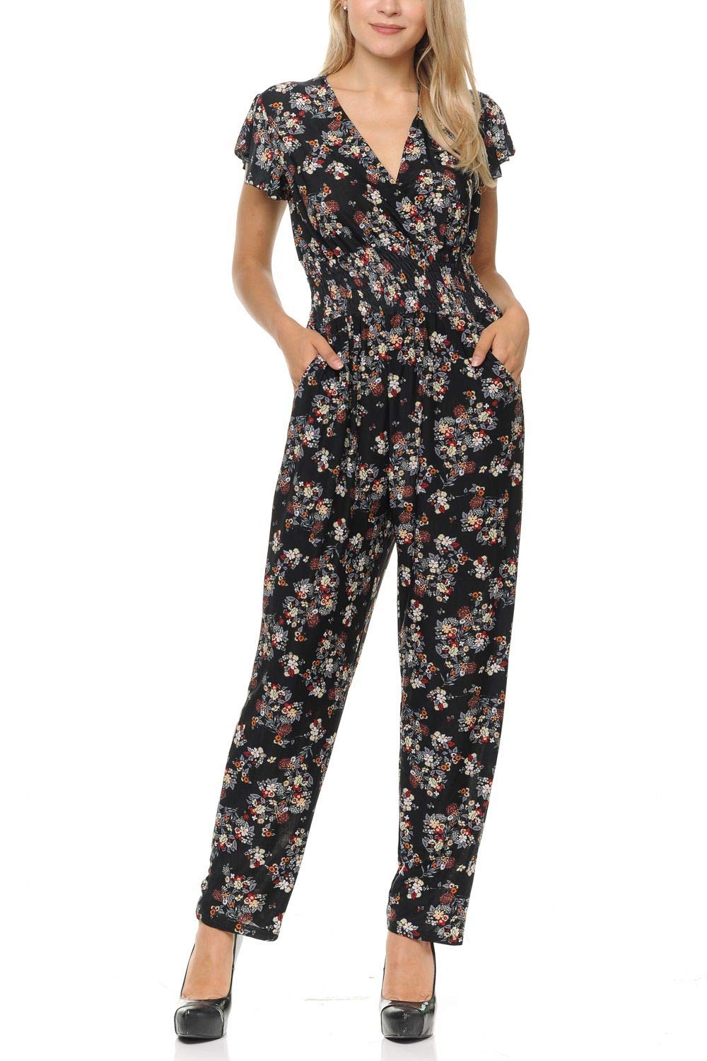 Photo 1 of Auliné Collection Womens Short Cap Sleeve V-Neck Long Pants Romper Jumpsuit - Wildflower Floral L/XL