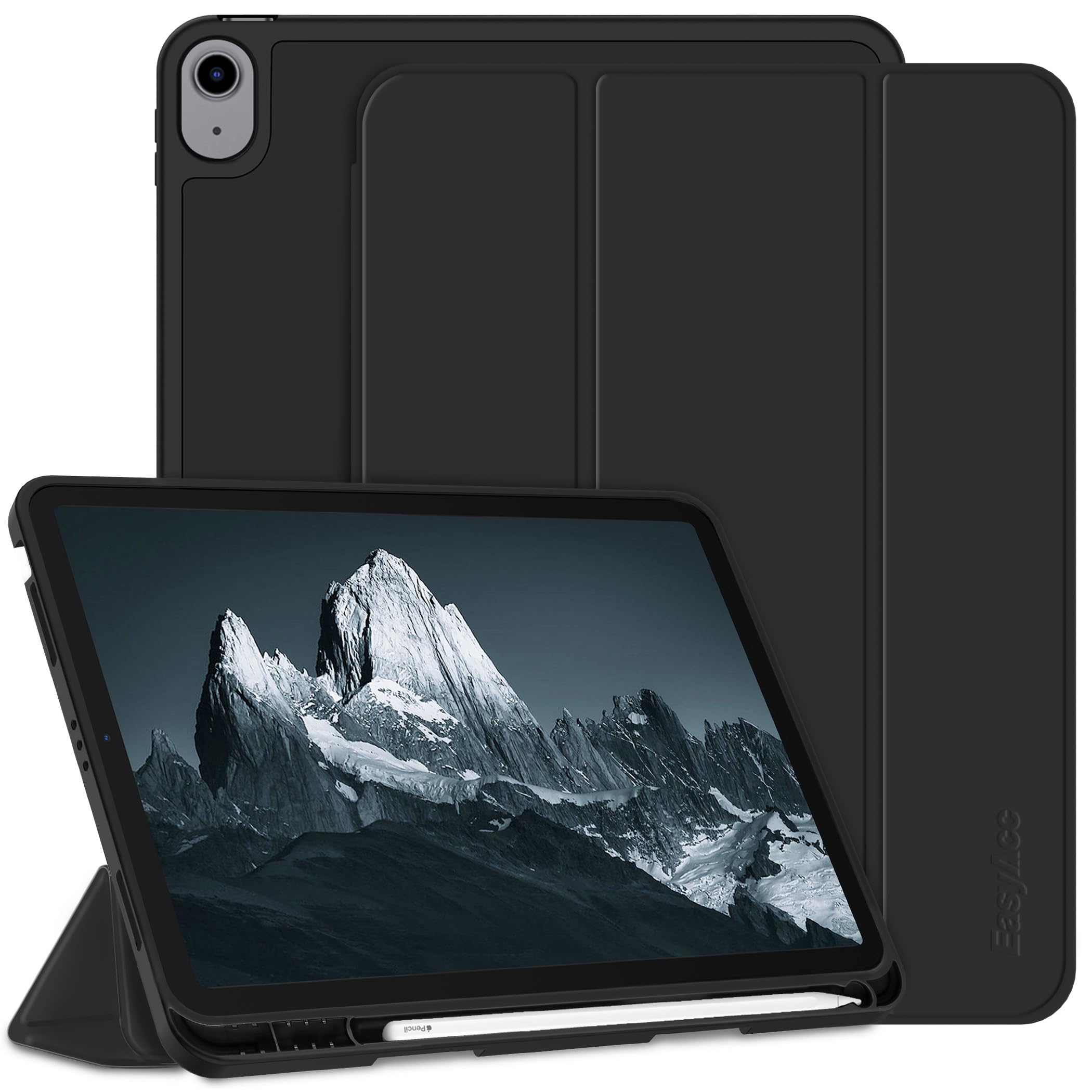 EasyAcc Case for iPad Air M3/ M2 11 inch, iPad Air 7th/6th/5th/4th Generation 10.9 2025/2024/2022/2020 with Pencil Holder, Soft TPU with Stand PU Leather Protective Case, Black