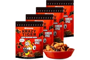 KRAZY TIGER Spicy Seaweed Chips - Crispy Tempura Nori Snacks, Low Carb, Roasted Laver, Spicy Crunchy K-Food Munchies, Healthy Snack Alternative, Korean Spice Flavor, 4 Pack