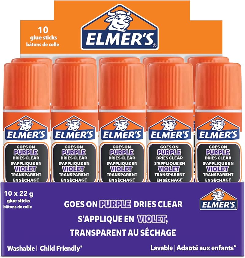 Elmer's Disappearing Purple Glue Sticks 22g 10 Count Washable, Dries Clear