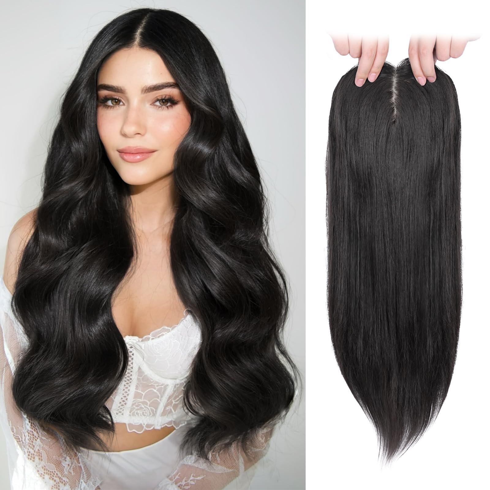 Photo 1 of MEDO Hair Toppers for Women with Thinning Hair, 18 Inch Straight Short Black Wig Toppers for women