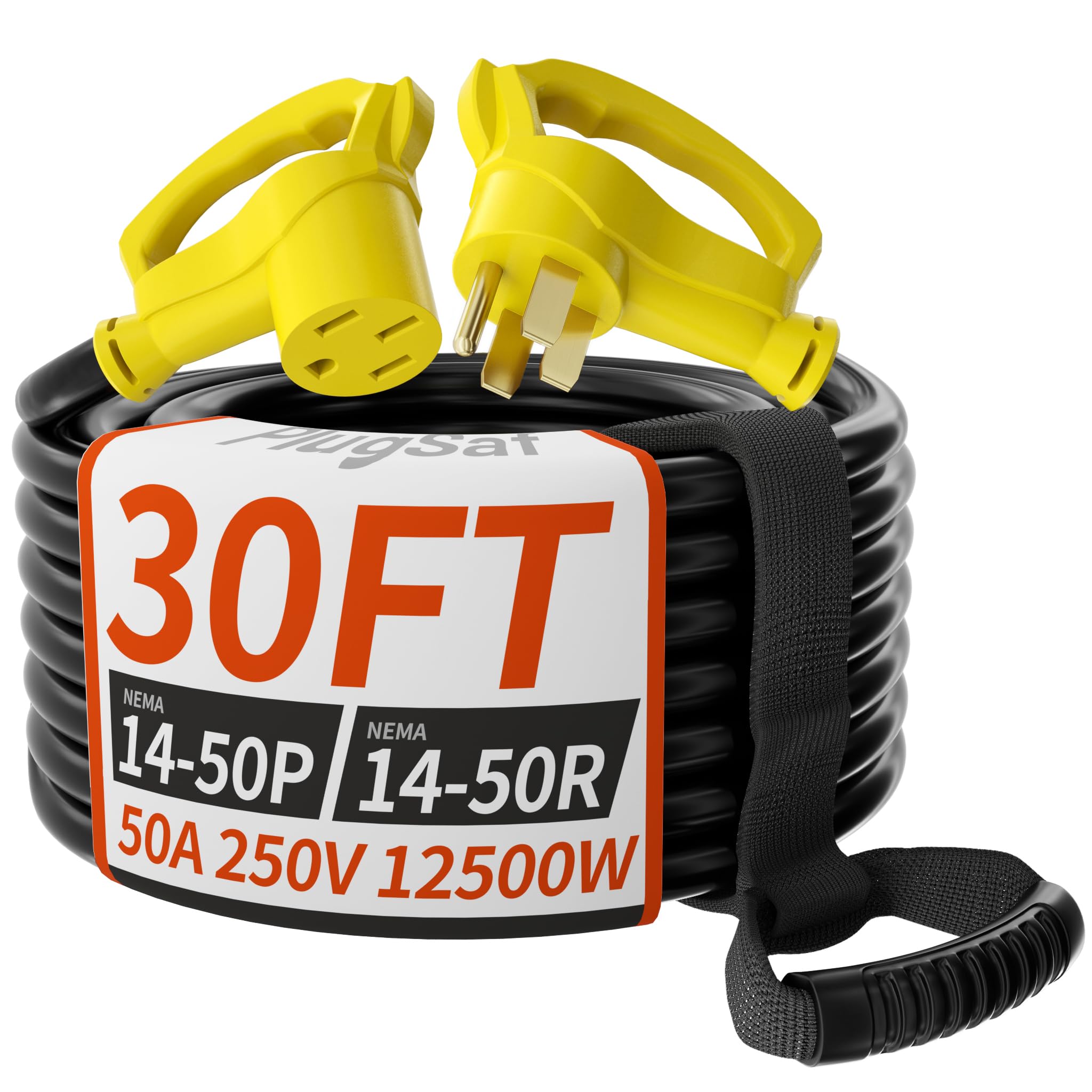 Photo 1 of PlugSaf NEMA 14-50P/14-50R 30 FT 50 Amp RV/EV Extension Cord Outdoor with Grip Handle, 4 Prong Flexible Heavy Duty STW RV Power Cord Waterproof, 50A 125/250V 6250/12500W, Black-Yellow, ETL Listed