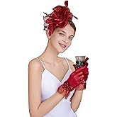 CAIYILA Fascinators Hat Flower Mesh Feathers Headband Derby Hat Clip Tea Party Headwear and Lace Gloves with Bows for Women