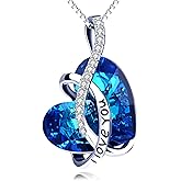 AOBOCO I Love You Sterling Silver 12 Birthstone Heart Pendant Necklace Embellished with Crystals from Austria, Mother's Day Anniversary Birthday Jewelry Christmas Gifts for Women Grandma Nana
