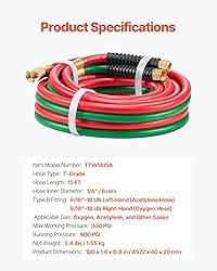 VEVOR Oxygen Acetylene Hose, 1/4-Inch x 15FT Oxy