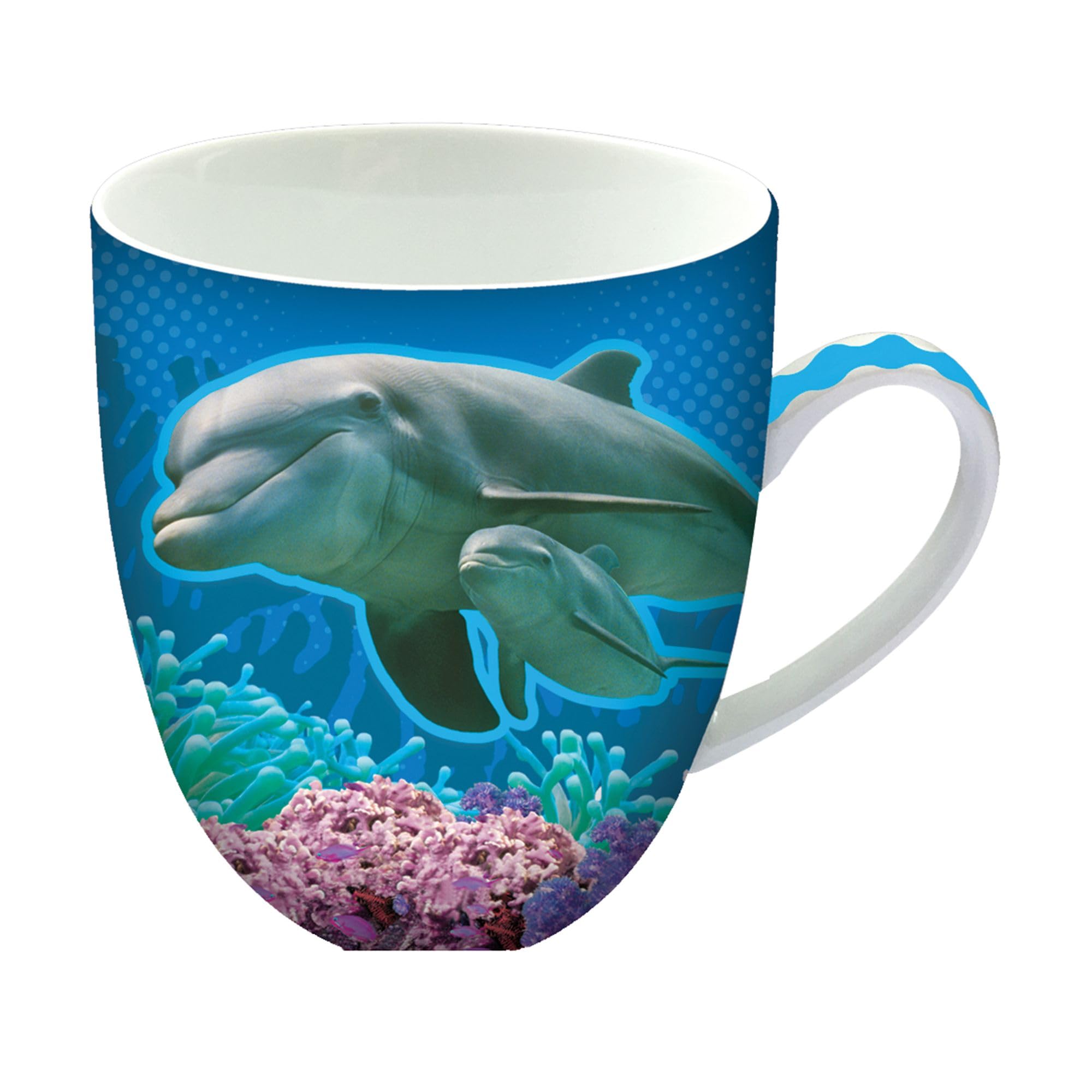 Animug Dolphin Mug from Deluxebase. 450ml Large Ceramic Coffee Cup with Handle and Cute Animal Print, Novelty Mug for Gifts and Kitchen Decor, Dishwasher Safe Mugs for Coffee or Tea.