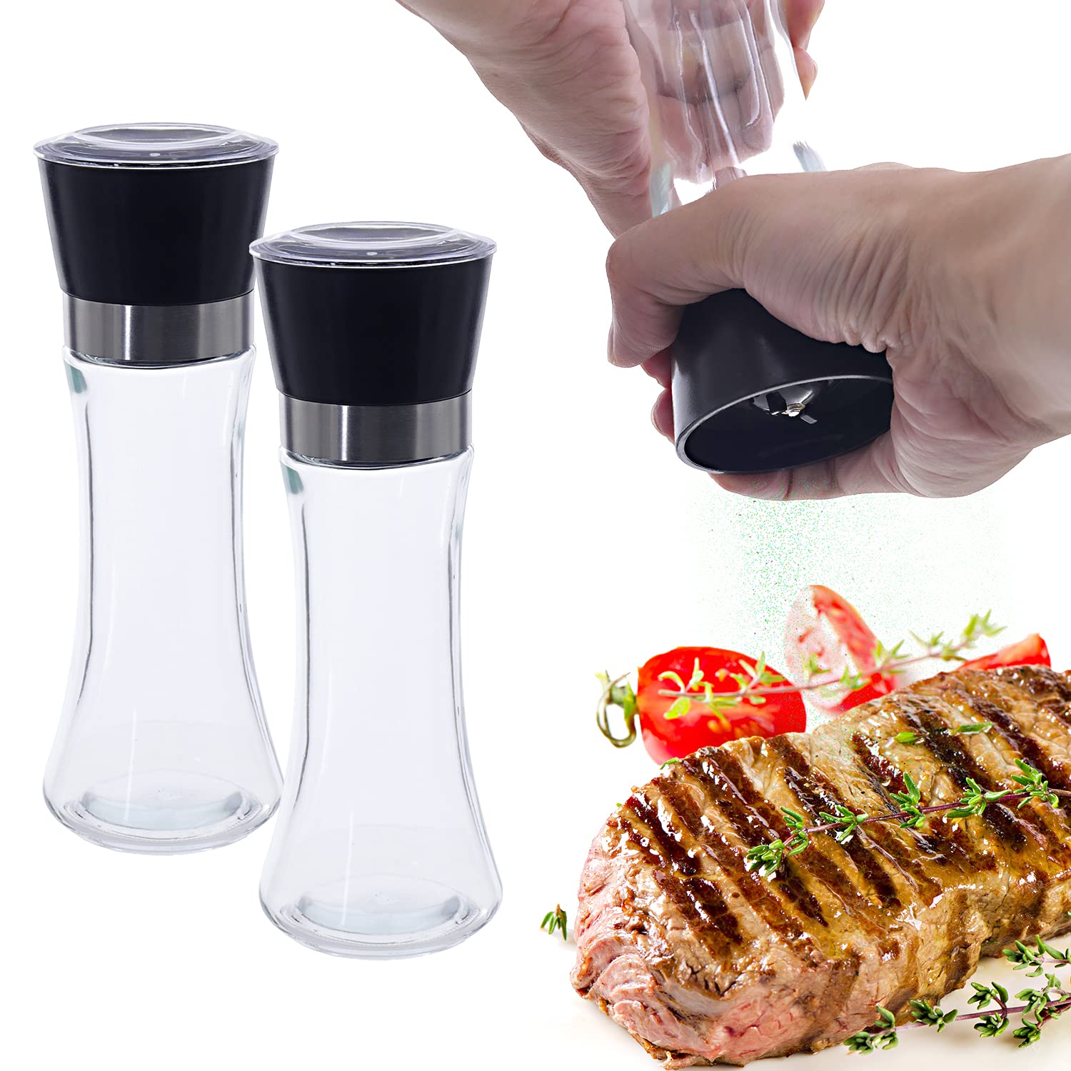 DBOO 2 Pack Salt and Pepper Grinder Mill Set - Manual Salt Pepper Shaker Set with Adjustable Brushed Stainless Steel Glass Body for Pink Salt,Pepper,Spices,No Salt/Pepper