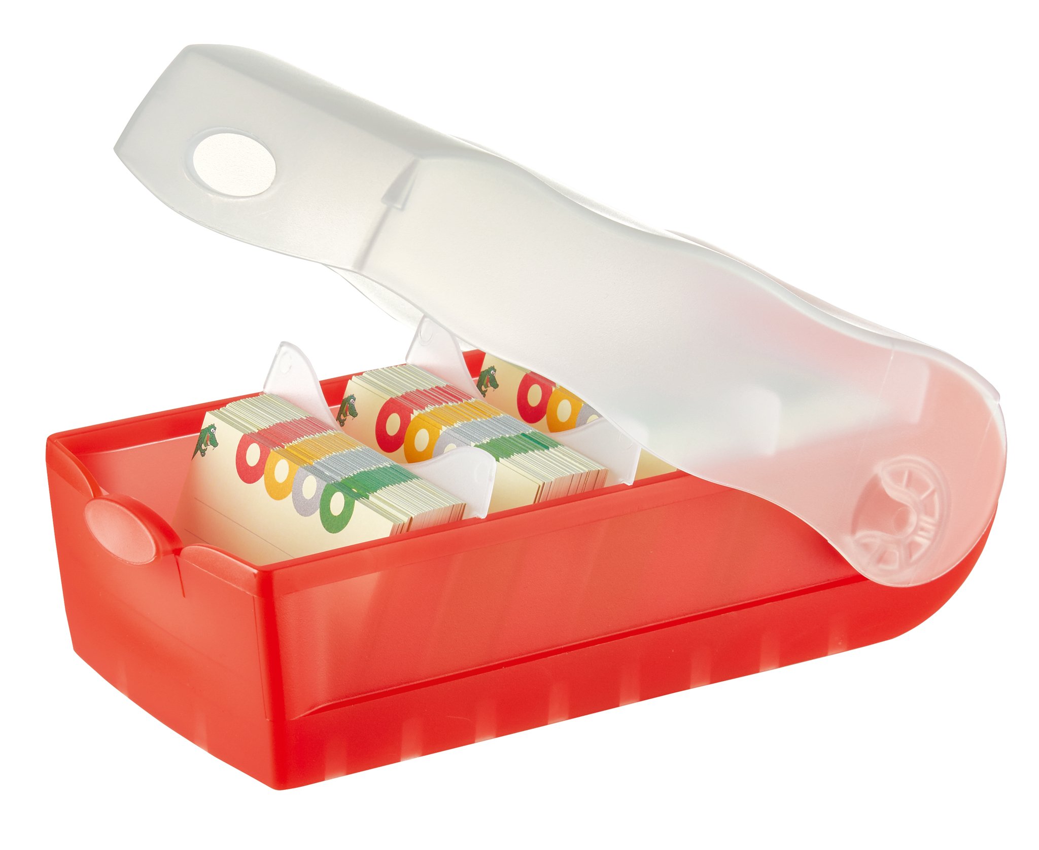 HAN Croco Flashcard Box Easy Learning Vocabulary with 5 Compartments Learning System DIN A7 Index Box for 900 Cards Including 5 Support Plates + 100 Flashcards 997-617 Translucent/Red