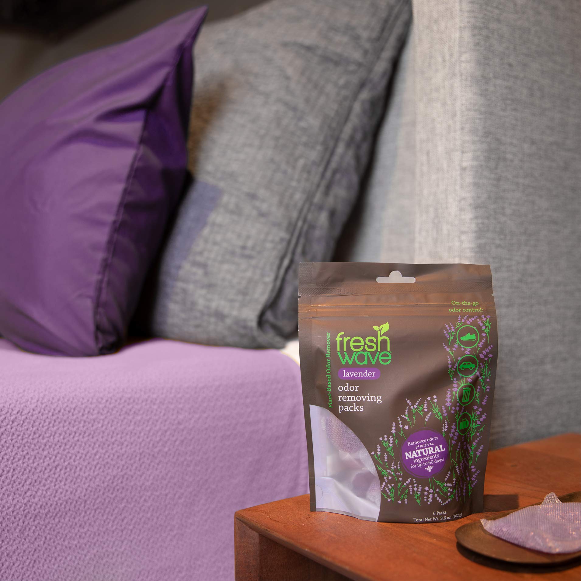 Fresh Wave Lavender Odor Eliminating & Deodorizing Packs | Bag of 6 & Fresh Pod Case | Safer Odor Relief for Small Spaces | Natural Plant-Based Odor Eliminator | Odor Absorbers for Home