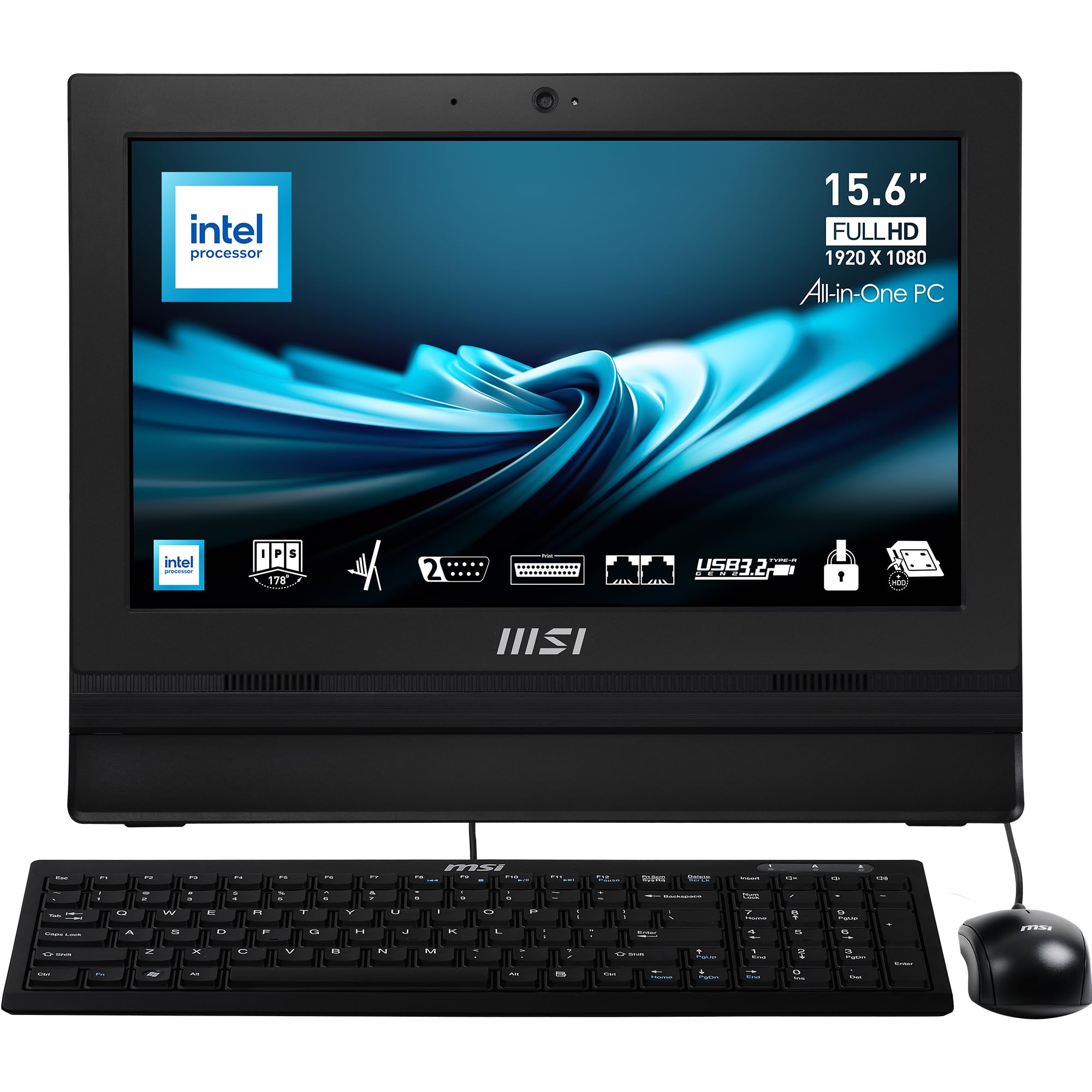 MSI PRO AP162T ADL-019DE AIO Desktop-PC, 15,6“ FHD IPS, Intel N100 CPU, 4 GB DDR4 RAM, 128GB PCIe NVMe SSD, WiFi 6E, Webcam & Lautsprecher - Tastatur, Maus, Windows 11 Pro - Schwarz