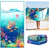 Vimorco Cat Beach Towel, Funny Diving Cat Dolphin Jellyfish Beach Towel, Cotton Blend Soft Velour Camping Towel for Women Girls Kids Boys Men, Absorbent Pool,Bath,Swim,Yoga,Gym,Travel Vacation Towel