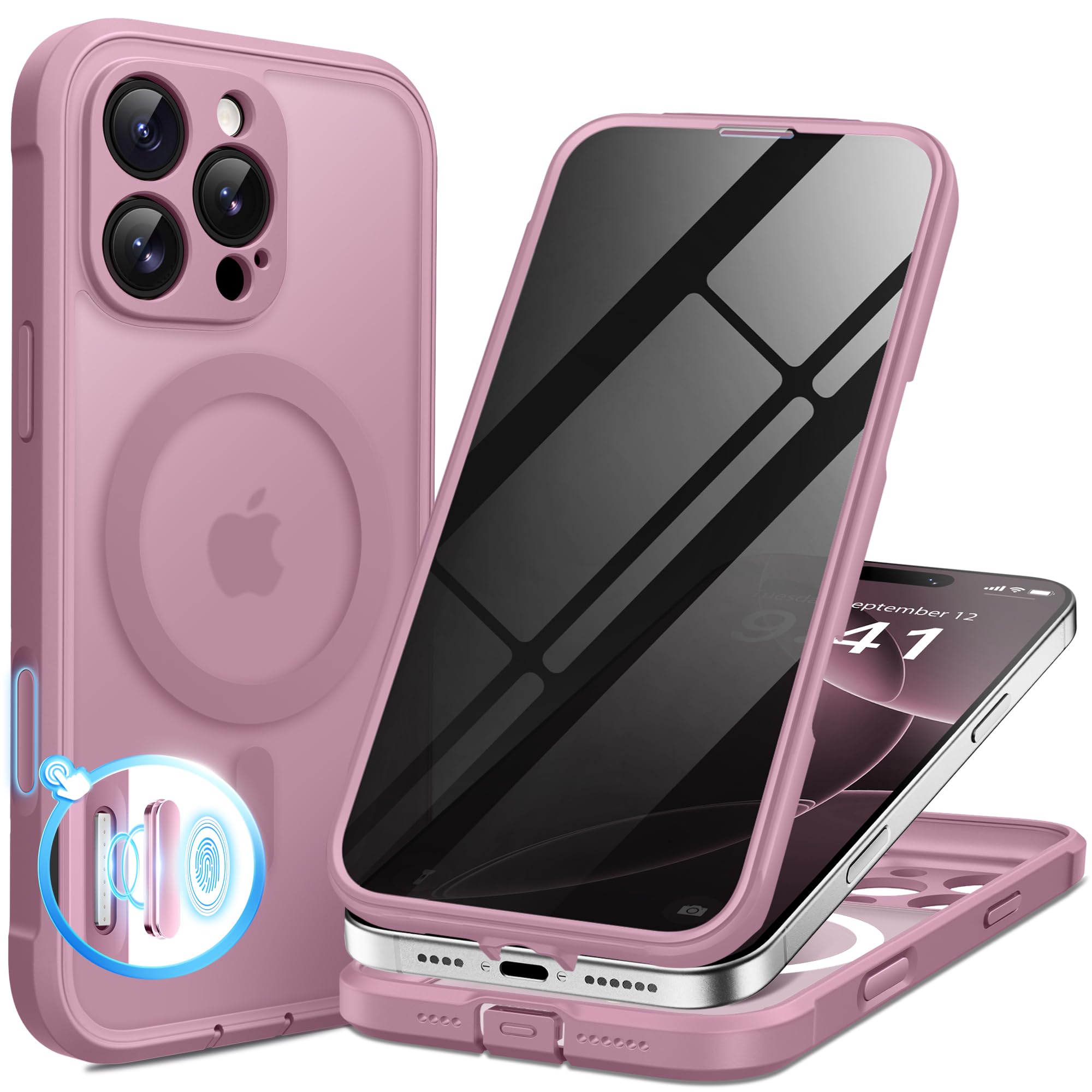 Photo 1 of ***VERY USED**  BERFY for iPhone 16 Pro Max Case, Compatible with MagSafe, Built-in Privacy Screen Protector and Camera Protection, Anti-Spy Full Body Shockproof Phone Case for 16 Pro Max 6.9", Matte Palevioletred