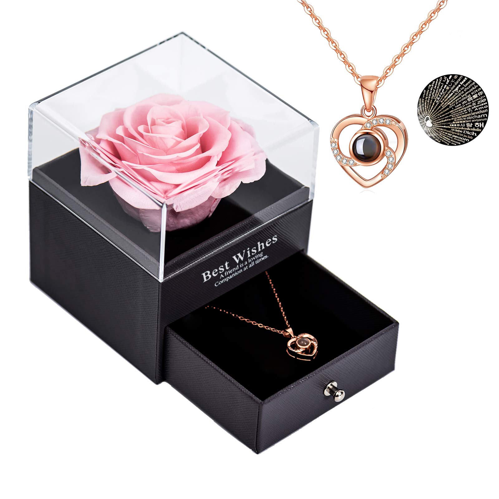 Yamonic Preserved Real Rose with I Love You Necklace 100 Languages,Gifts for Women,Eternal Rose Birthday Gift for Her, Gifts for Mum, Gift for Anniversary,Mothers Day,Valentine's Day, Christmas,Pink