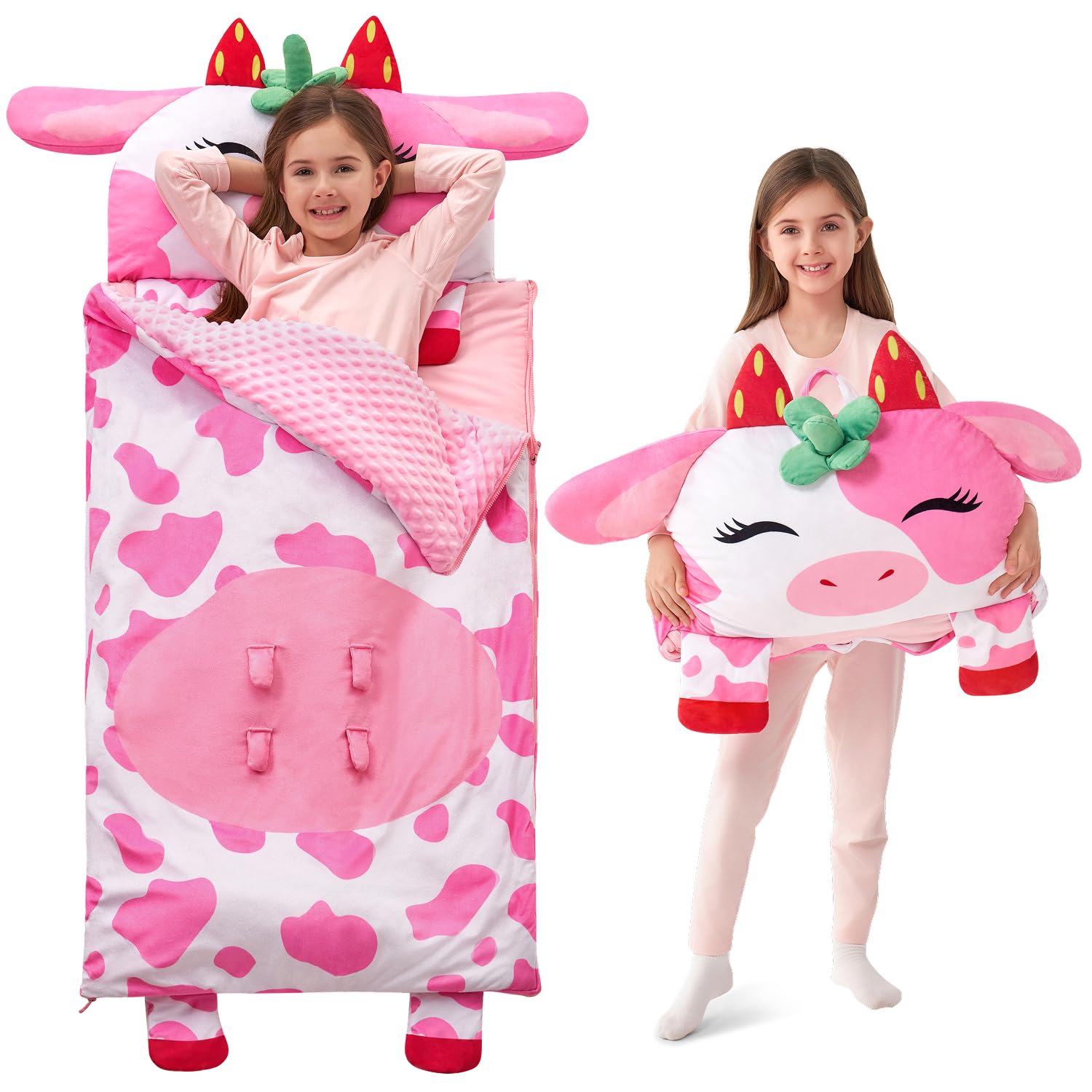 JOIEDOMI Strawberry Cow Toddler Nap Mat with Pillow & Blanket - 60" x 27" for Kids Ages 3+ - Nap Mat for Preschool - Kids Sleeping Bag- Soft Plush Sleeping Mat - for Kindergarten Daycare