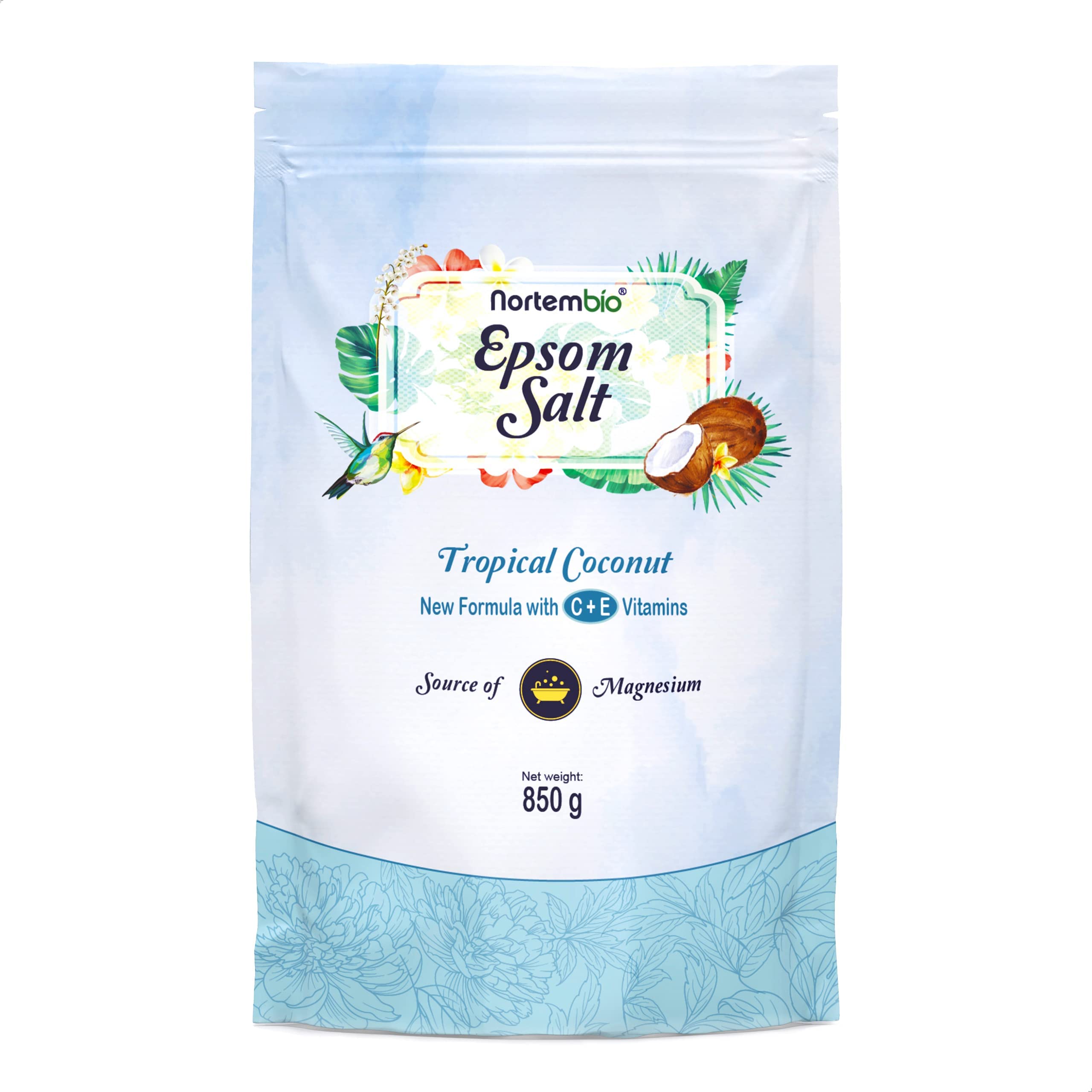 Nortembio Epsom Salt 100% Tropical Coconut Fragrance 850 g – Natural Source of Magnesium | with Moisturizing Vitamin C & E | for Relaxing Baths, Spa & Skincare + Free E-Book