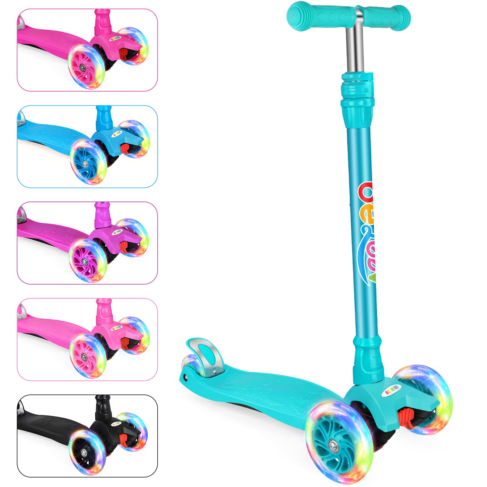 BELEEV Scooters for Kids 3 Wheel Kick Scooter for Toddlers Girls Boys, 4 Adjustable Height, Lean to Steer, Light up Wheels, Extra-Wide Deck, Easy to Assemble for Children Ages 3-12 (Matte Aqua) Image