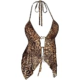 BEAUDRM Women's Y2K Cheetah Halter Top Leopard Sleeveless Open Back Going Out Cami Tops