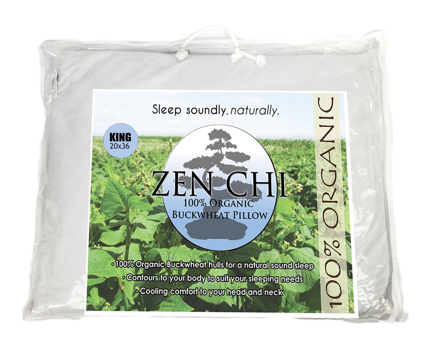 ZEN CHI Buckwheat Pillow- Organic King Size (20"X36") w Natural Cooling Technology- All Cotton Cover w Organic Buckwheat Hulls