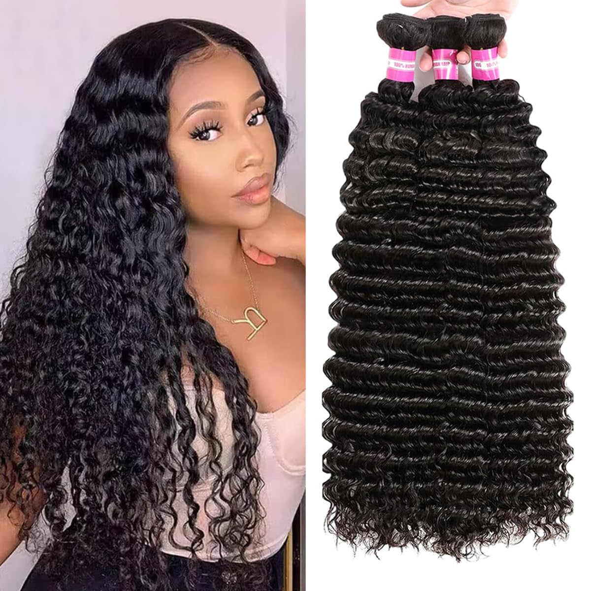 Curly Hair Bundles Deep Wave Brazilian Virgin Human Hair Bundles 14 16 18 Inch Wet and Wavy Curly 3 Bundles Ocean Wave 10A Brazilian Human Hair Bundles for Black Women — image 1