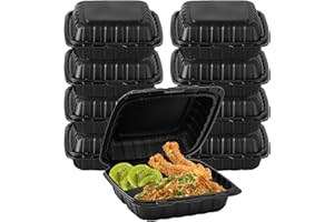 HOUZZKINGZ USA 8" X 8" 3-Compartment To Go Food Take Out Containers Boxes With Lids | 50 Pack Microwaveable Black Mineral-Filled Disposable Togo Plates Clamshell Containers With Dividers For Lunch Home Carry Away