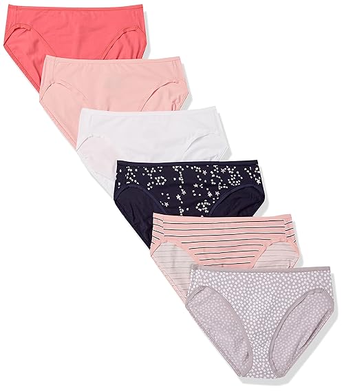 Amazon Essentials Women's Cotton High Leg Brief Underwear (Available in Plus Size), Breathable, Pack of 6, Multicolor/Dots/Stars/Stripe, X-Small