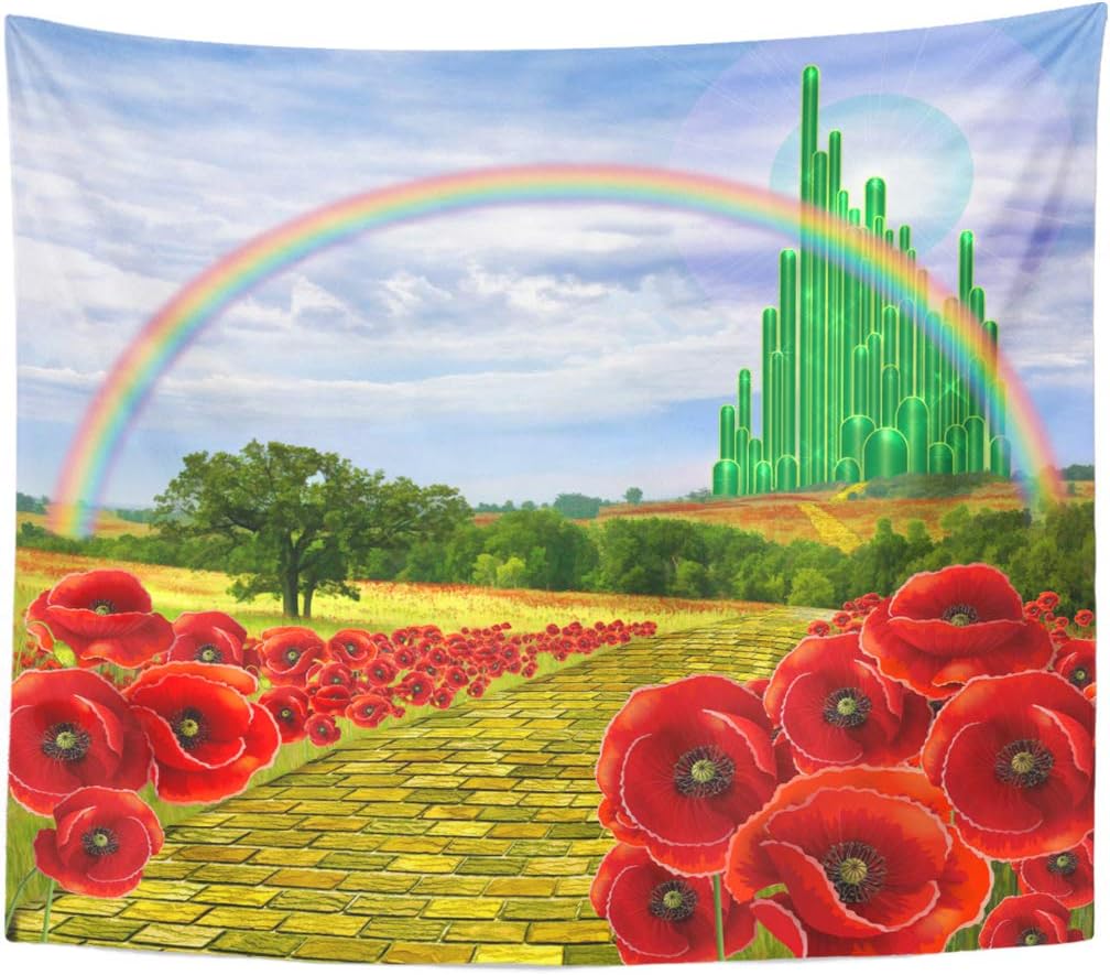 Tapestries - Emvency Tapestry Poppies Field Yellow Brick Road Leading to Emerald Wizard City Flowers Follow Home Decor Wall Hanging for Living Room Bedroom Dorm 60x80 Inches